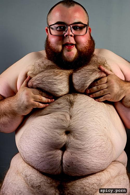 whole body, realistic very hairy big belly, italian man, cute round face with beard and glasses