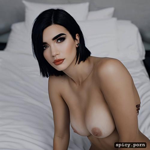 bed, dua lipa, naked, fit body, short straight black hair, 18 years old