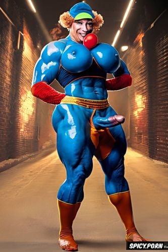 bodybuilder, pretty face, fat muscular futanari dressed like a clown