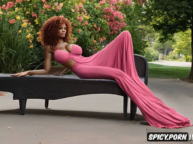 red hair, legs arched, focus on great legs, pink sash, profile shot