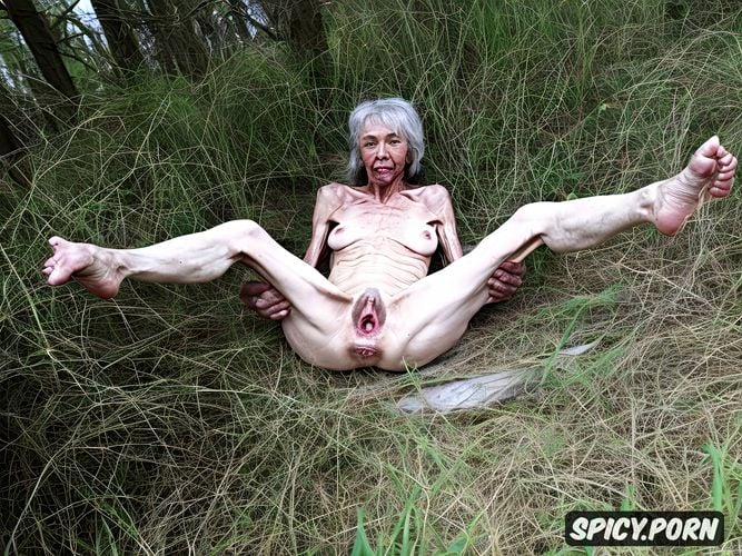 super old granny, spreading hairy pussy, pale, point of view