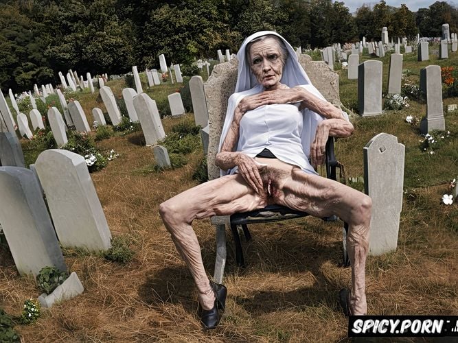 catholic nun, pale, very old granny, cemetery, spreading cellulite legs