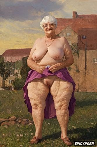 upskirt shows big labia on cunt, the very old fat grandmother skirt has nude pussy under her skirt