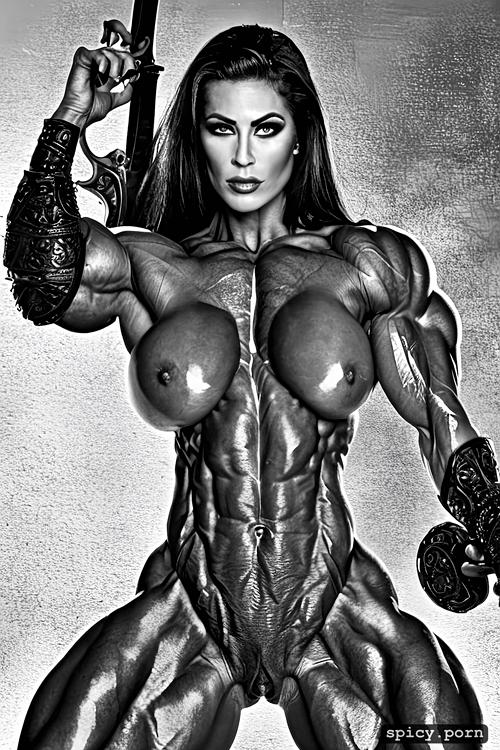 strength effort, cry, massive abs, full body, nude muscle woman surrounded by evil monster
