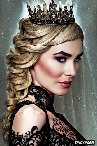 high resolution, ultra detailed, cersei lannister a song of ice and fire beautiful face young tight low cut black lace wedding gown tiara
