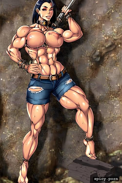 extreme muscular woman topless with massive abs, short jeans