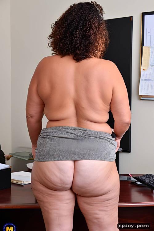 seen from behind standing, wide hips, bare big ass, full body standing in an office in front of a desk pastel colors high quality