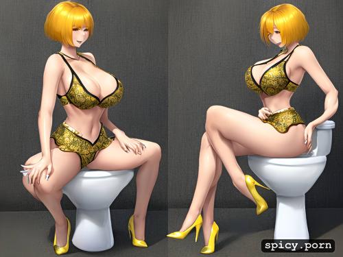solid colors, happy face, toilet, perfect body, cute face, short hair