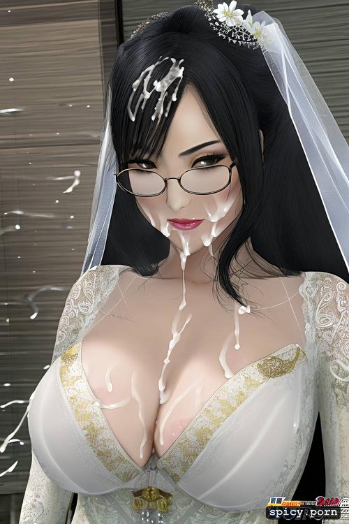 wedding dress, glasses, japanese 20 years old wearing wedding dress with cum on face and boobs