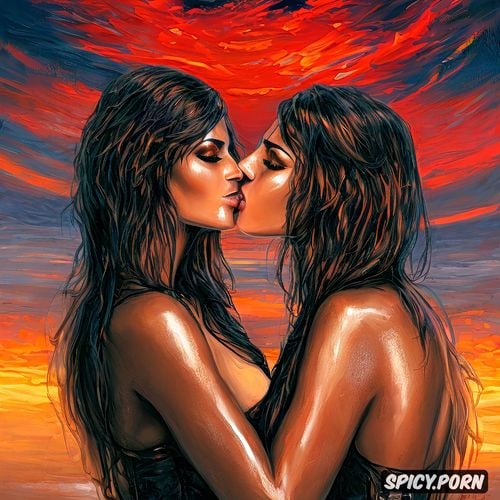 lesbian couple kissing, devil, hell, sky on fire, sidele