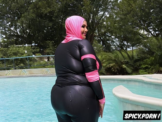 chubby, fat romanian whore with fat face and fat body wearing hijab spandex and walking near the beach