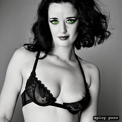 detailed eyes, wearing black lace bra with thin straps, inviting