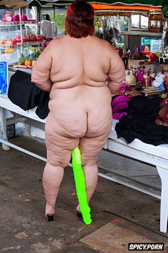 bulging ass, curvy ok luck, naked fat old woman looking askance at a market stall full of dildos and inflatable dolls