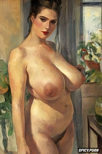 erotic art, maurice denis, penis, portrait of ablushing woman with red lips and flushed cheeks in shady bathroom