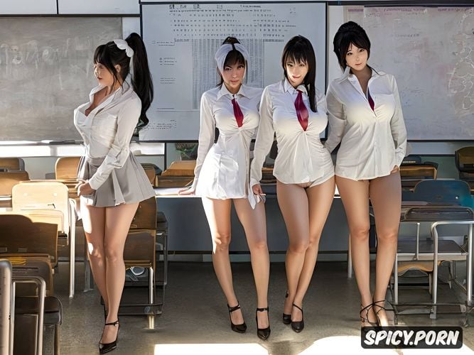 long legs, curvy, big breasts, school, white hair, japanese female
