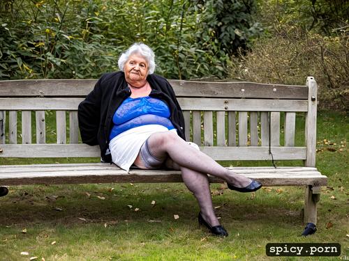 sitting on a bench in the park, completely naked, fat, old grandmother