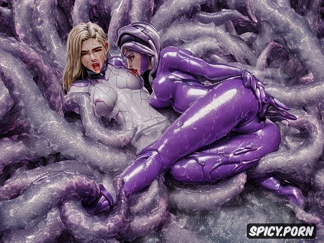 lying on a mass of oozing purple tentacles in a tentacle monsters lair pussy and ass spread and fucked and attacked brutally by many oozing purple tentacles