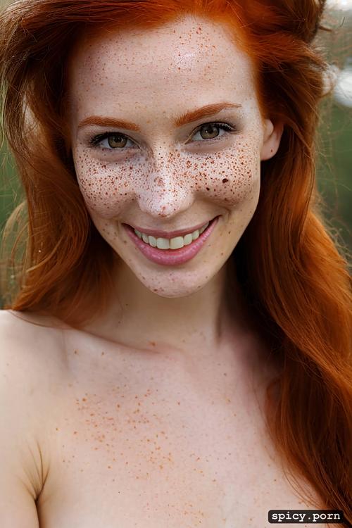 very naked, freckles, cute smile, white ethnicity, brown eyes