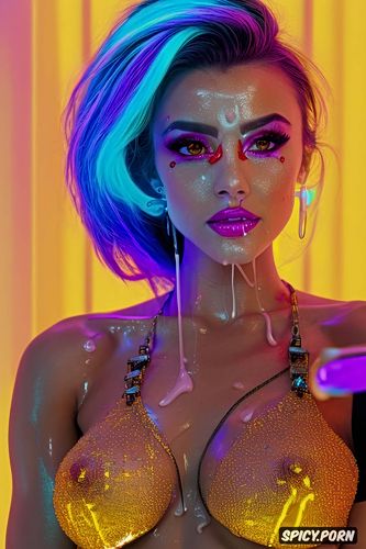 breast grab, ahegao, on knees, neon, cum all over covered in cum cum dripping cum on face tears in eyes