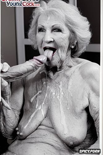 splash of cum in the mouth, no teeth, extremely old senior granny