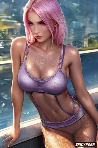 3d, pinkhair, detailed, pretty female, purple eyes, naked, artificy