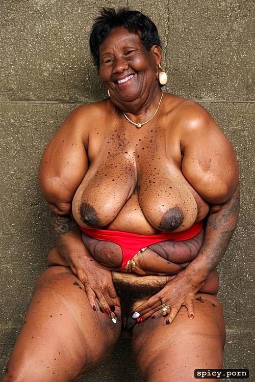 full body, wrinkly loose skin, female, red nails, hanging boobs