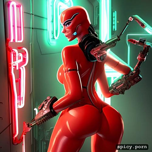 detailed face, cyberpunk, latin woman, realist art, latex, huge butt