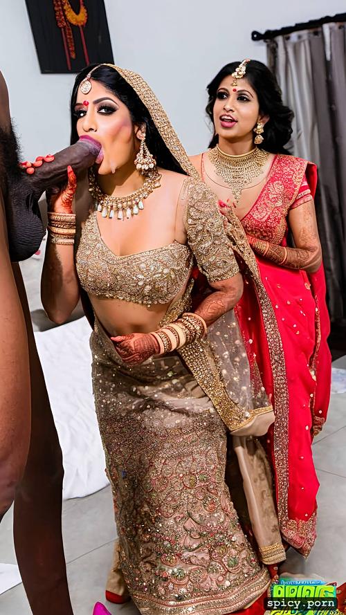 the standing beautiful indian bride in public takes a huge black dick in the mouth and giving blowjob to the man get covered by cum all over his bridal dress and other people cheer the bride realistic photo and real human