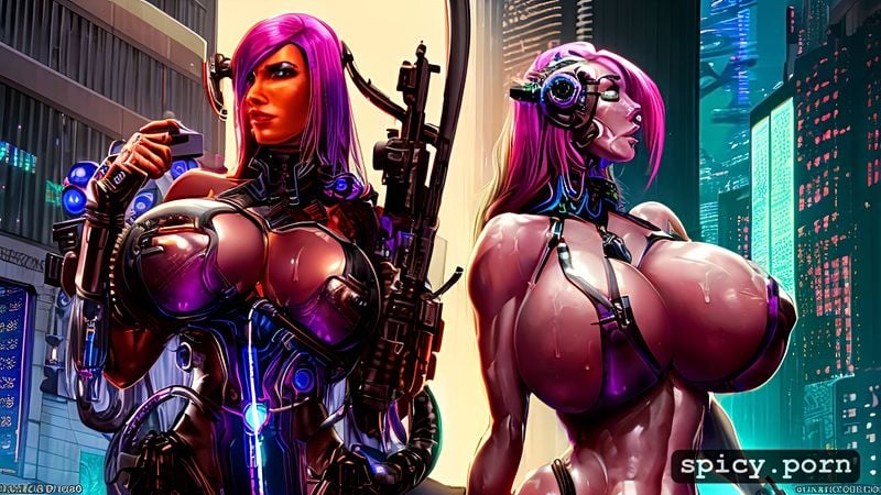 style cyberpunk, cum all over body, oiled body, massive boobs