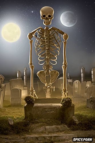 moonlight, some meters away, scary glowing walking human skeleton