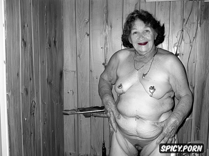smiling, pierced nipple rings, standing in koppang, very old granny