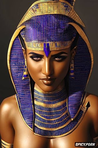 tits out, upper body shot muscles, femal pharaoh ancient egypt egyptian pyramids pharoah crown royal robes beautiful face topless
