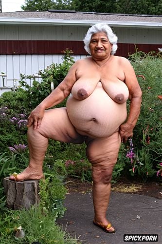 o shaped short legs, front view shot, the person is an old mexican granny