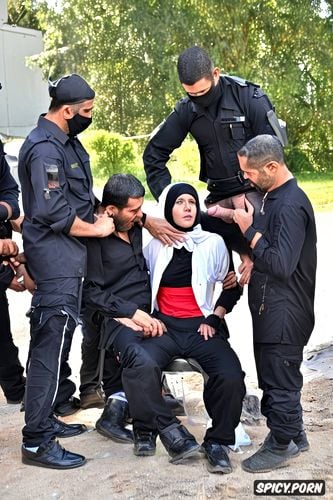 real life, a yazidi hijab headscarf wearing woman, cornered and surrounded by evil vicious men wanting to plunder her pussy