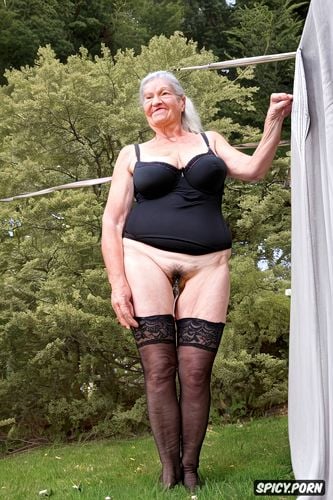 cellulite, full frontal shot from below, standing on clothesline