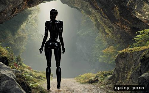 brown, standing, female robot, gaping ass, left side, face looking back