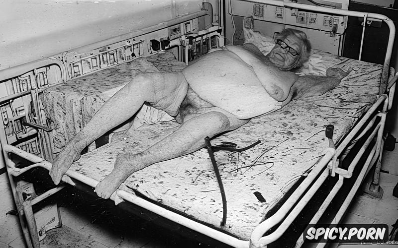 spread legs on abandoned hospital bed, naked, wrinkled, ninety year old