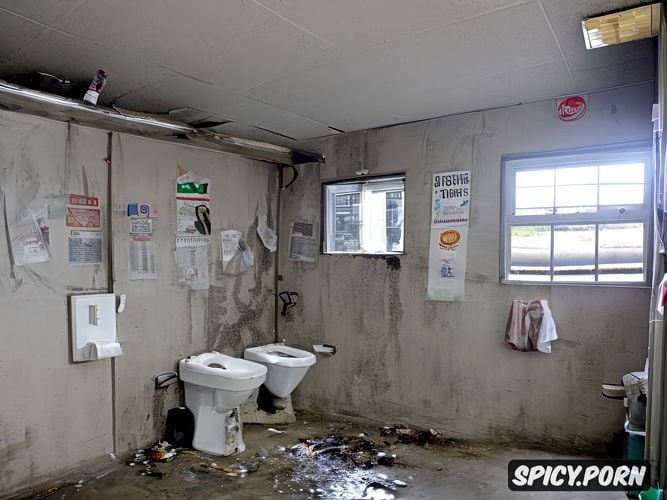 fresheners, snot and stone deposits, soap, used condoms, sagging wooden door many rusty water pipes the atmosphere is ominous and joyful big hole in ceiling with broken off parts of multicolored glass blocks full view shot vibrant colors1 5 a toilet with a lot of feces