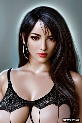 ultra detailed, ultra realistic, tifa lockhart final fantasy sheer low cut erotic blue lace lingerie blue lace stockings beautiful face portrait