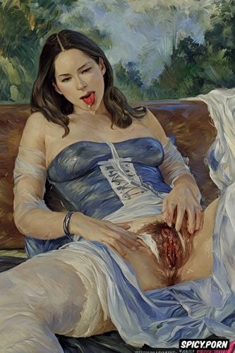 athletic body, manet, very hairy vagina, white couch, cézanne