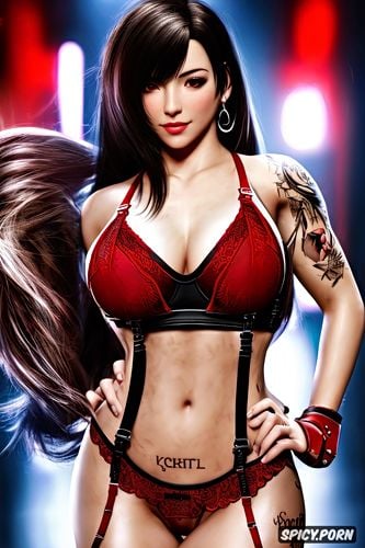 k shot on canon dslr, ultra detailed, tattoos, masterpiece, tifa lockhart final fantasy vii remake beautiful face slutty red lingerie