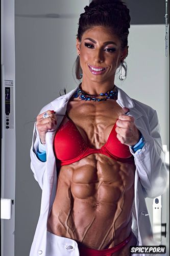 female bodybuilder doctor, oiled body, marked veins, tight pants