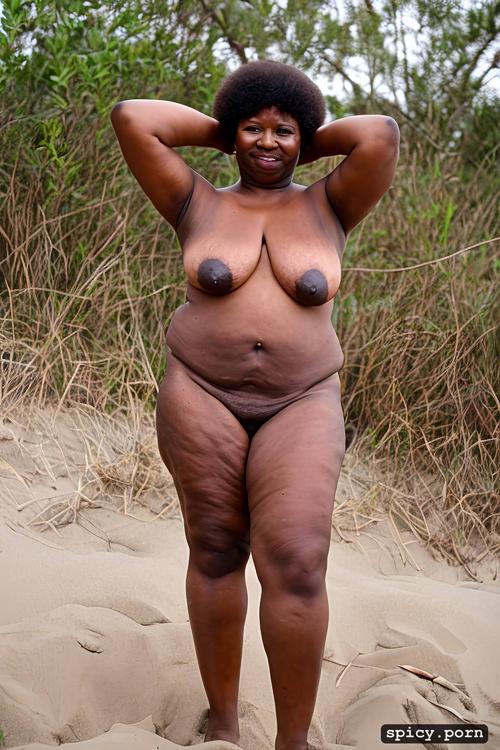 on the beach, 65 years old, granny, soft body, beautiful ebony