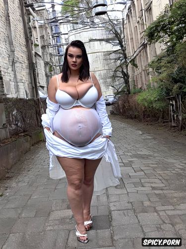 massive bloated belly1 4, white dress, street, cleavage, 20 yo