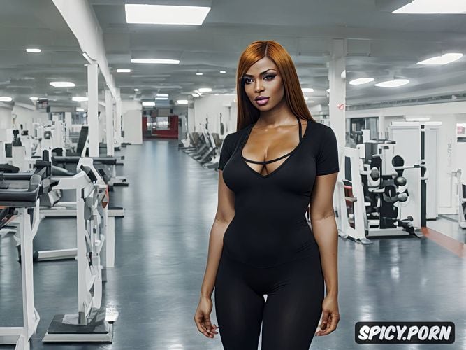thighs, seductive, ginger hair, stunning face, in gym, long hair
