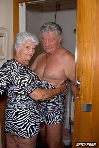 she is wearing zebra print lingerie, fair skin, old senior granny