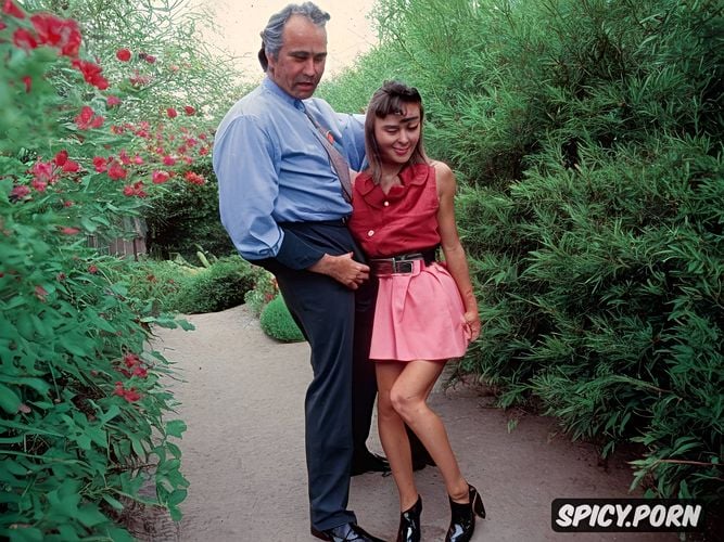 real natural colors expressive characters embossed image high quality sly uncle puts his hand deep between thin open wide a lot legs under skirt of the tiny niece with her middle up for she wants in the end uncle rub her to gets wet pussy in her school vacation in the garden