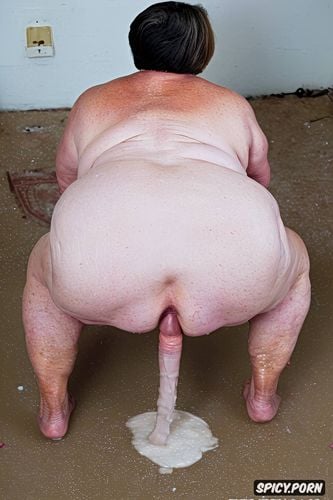 rear view, squatting, white granny, pastel colors, naked, hyperrealistic pregnant pissing muscular thighs red bobcut haircut tanned