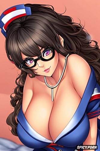 glasses, exotic female, cute face, black hair, skinny body, large breasts