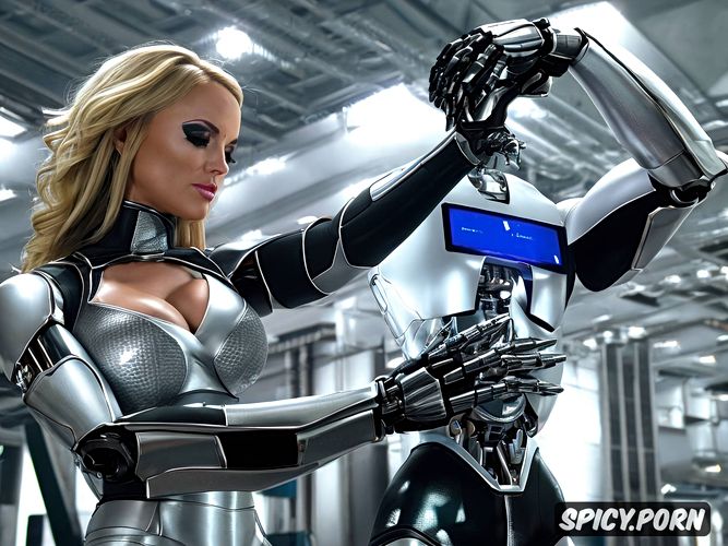 full body view, sexy blonde robot with fully metallic body and huge tits